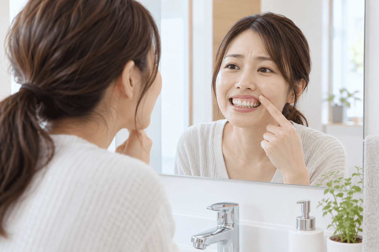 鏡を見ながらガミースマイルのセルフチェックをする様子